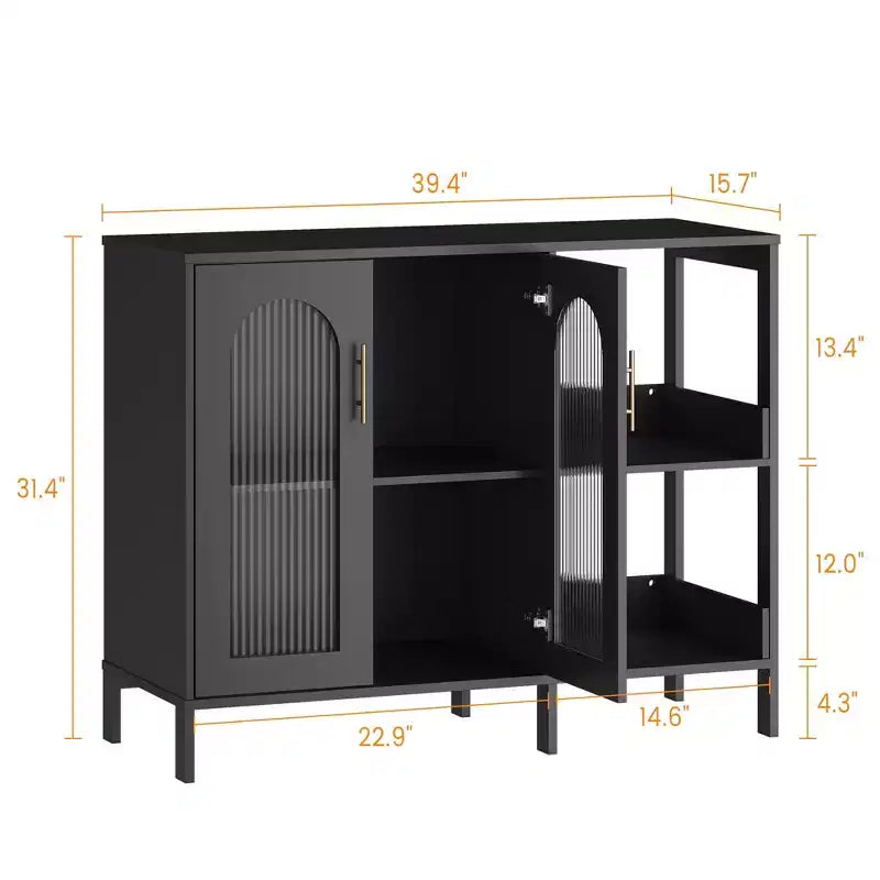 Bahut, Meuble de rangement en bois avec portes vitrées, Deux poignées métalliques, Meuble de rangement avec étagères réglables, Bahut moderne