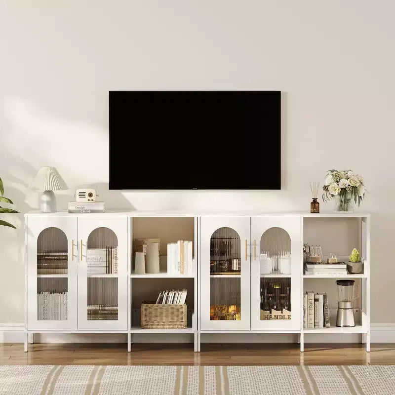 Bahut, Meuble de rangement en bois avec portes vitrées, Deux poignées métalliques, Meuble de rangement avec étagères réglables, Bahut moderne