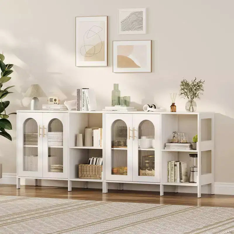 Bahut, Meuble de rangement en bois avec portes vitrées, Deux poignées métalliques, Meuble de rangement avec étagères réglables, Bahut moderne