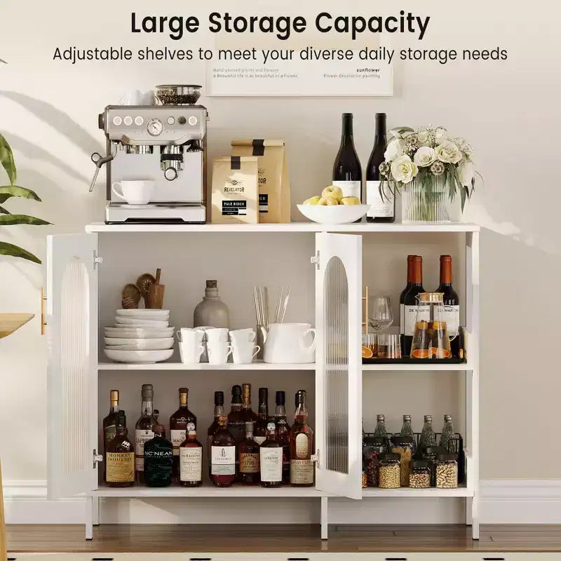 Bahut, Meuble de rangement en bois avec portes vitrées, Deux poignées métalliques, Meuble de rangement avec étagères réglables, Bahut moderne