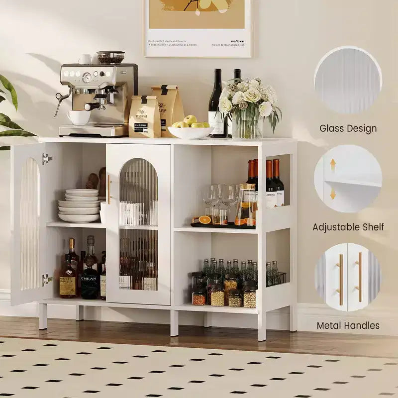 Bahut, Meuble de rangement en bois avec portes vitrées, Deux poignées métalliques, Meuble de rangement avec étagères réglables, Bahut moderne