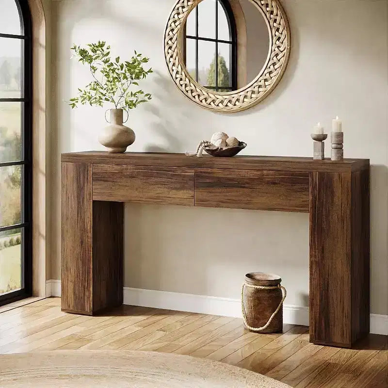 Table console en bois Lantine de 63 pouces avec 2 tiroirs cachés, table de canapé style ferme pour salon, couloir, entrée, hall, assemblage facile