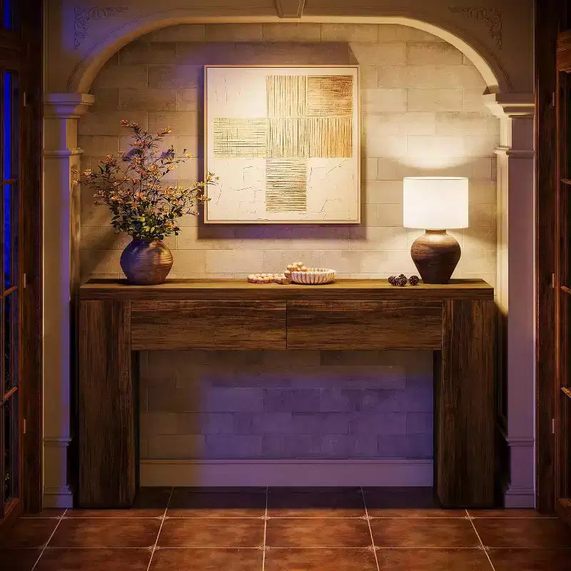 Table console en bois Lantine de 63 pouces avec 2 tiroirs cachés, table de canapé style ferme pour salon, couloir, entrée, hall, assemblage facile