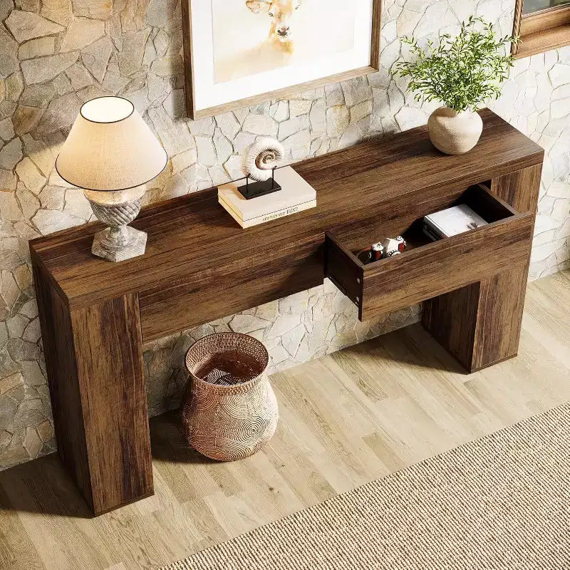 Table console en bois Lantine de 63 pouces avec 2 tiroirs cachés, table de canapé style ferme pour salon, couloir, entrée, hall, assemblage facile