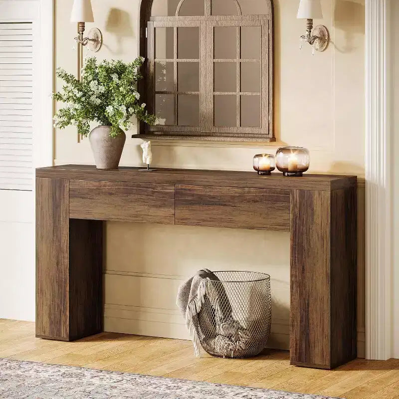 Table console en bois Lantine de 63 pouces avec 2 tiroirs cachés, table de canapé style ferme pour salon, couloir, entrée, hall, assemblage facile