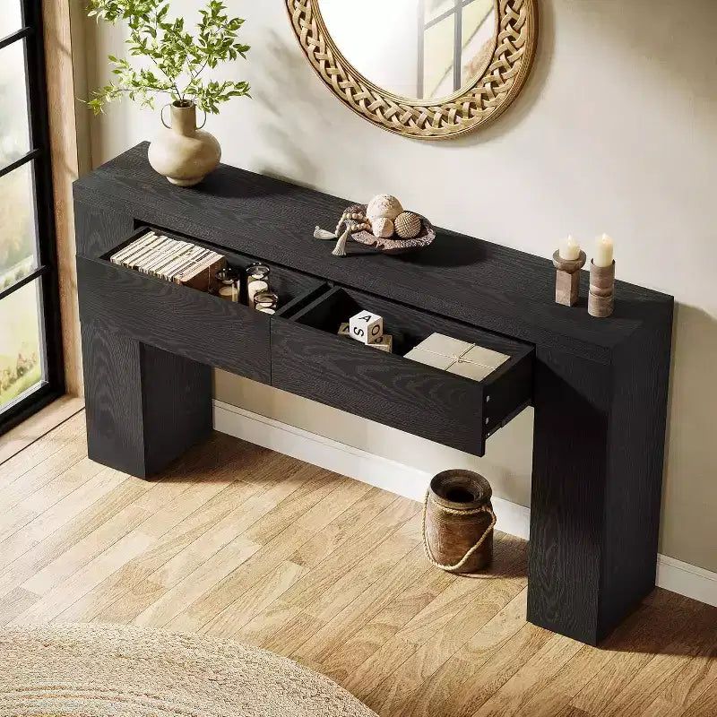 Table console en bois Lantine de 63 pouces avec 2 tiroirs cachés, table de canapé style ferme pour salon, couloir, entrée, hall, assemblage facile