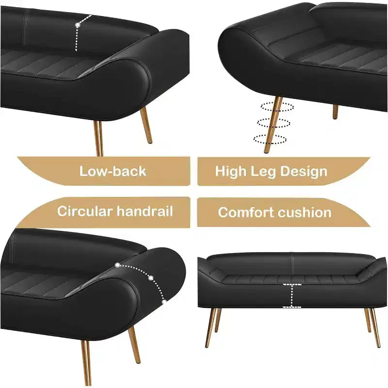 Banc de canapé Acekool 57 avec accoudoir et dossier, pieds en métal, capacité de 180 kg, revêtement en PVC, design incurvé pour chambre et salon, noir
