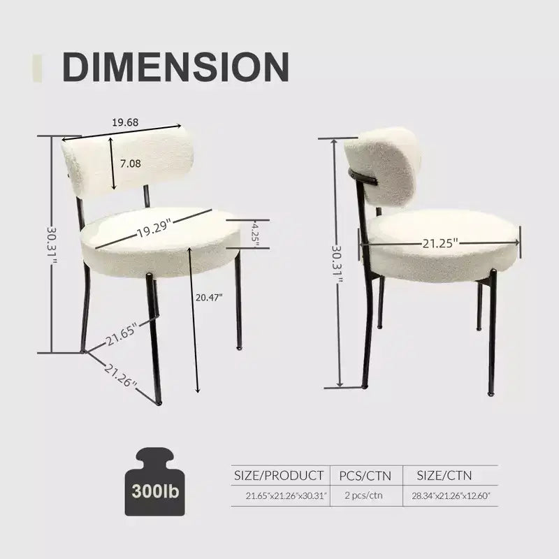 Okak Chaises de salle à manger modernes du milieu du siècle, lot de 2, rondes, rembourrées avec dossier incurvé et pieds en métal, chaises d'appoint en bouclé pour cuisine et salle à manger