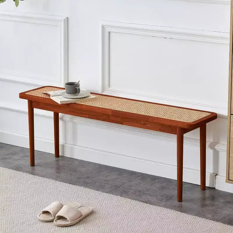 Banc d'entrée Acekool 47 en bois pur avec surface en rotin, coins arrondis, cadre robuste pour salon, chambre, couloir, finition noyer