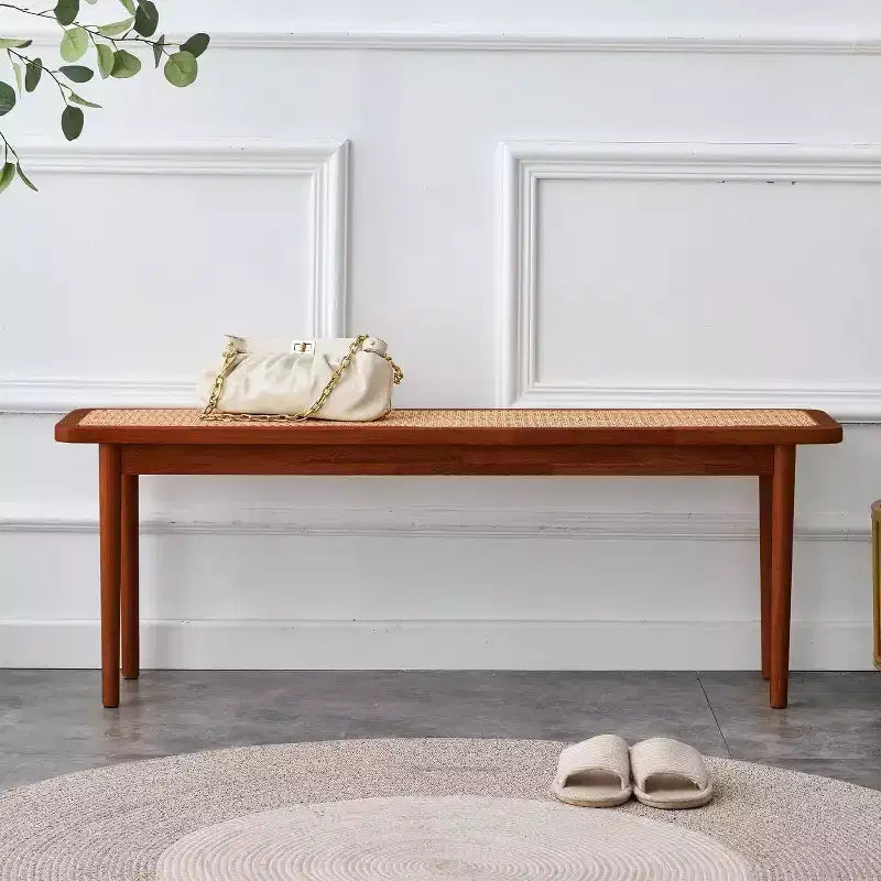 Banc d'entrée Acekool 47 en bois pur avec surface en rotin, coins arrondis, cadre robuste pour salon, chambre, couloir, finition noyer