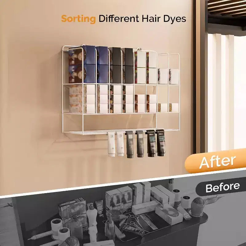 Support de rangement pour coloration capillaire, présentoir mural en métal à 2 niveaux pour tubes de teinture capillaire, blanc