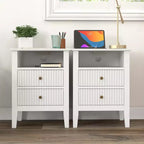 RoyalCrafted Fluted Nightstand, Wooden End Table Set with 2 Storage Drawers and Charging Station for Bedroom or Home Office, Set of 2, White