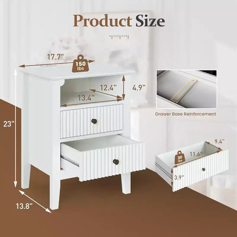 Table de Chevet RoyalCrafted Canelée, Lot de 2 Tables d'Appoint en Bois avec 2 Tiroirs de Rangement et Station de Charge pour Chambre ou Bureau à Domicile, Blanc