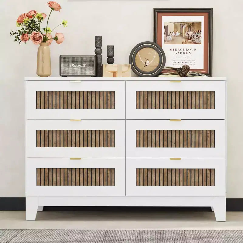 Commode Okak 6 tiroirs style ferme, meuble en bois avec poignées métalliques, rangement de 120 cm de large pour chambre à coucher, montage facile