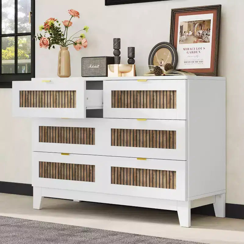 Commode Okak 6 tiroirs style ferme, meuble en bois avec poignées métalliques, rangement de 120 cm de large pour chambre à coucher, montage facile