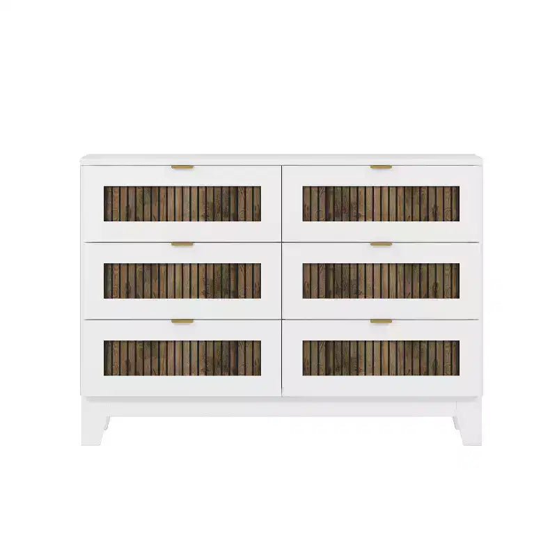 Commode Okak 6 tiroirs style ferme, meuble en bois avec poignées métalliques, rangement de 120 cm de large pour chambre à coucher, montage facile