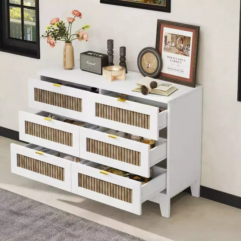 Commode Okak 6 tiroirs style ferme, meuble en bois avec poignées métalliques, rangement de 120 cm de large pour chambre à coucher, montage facile