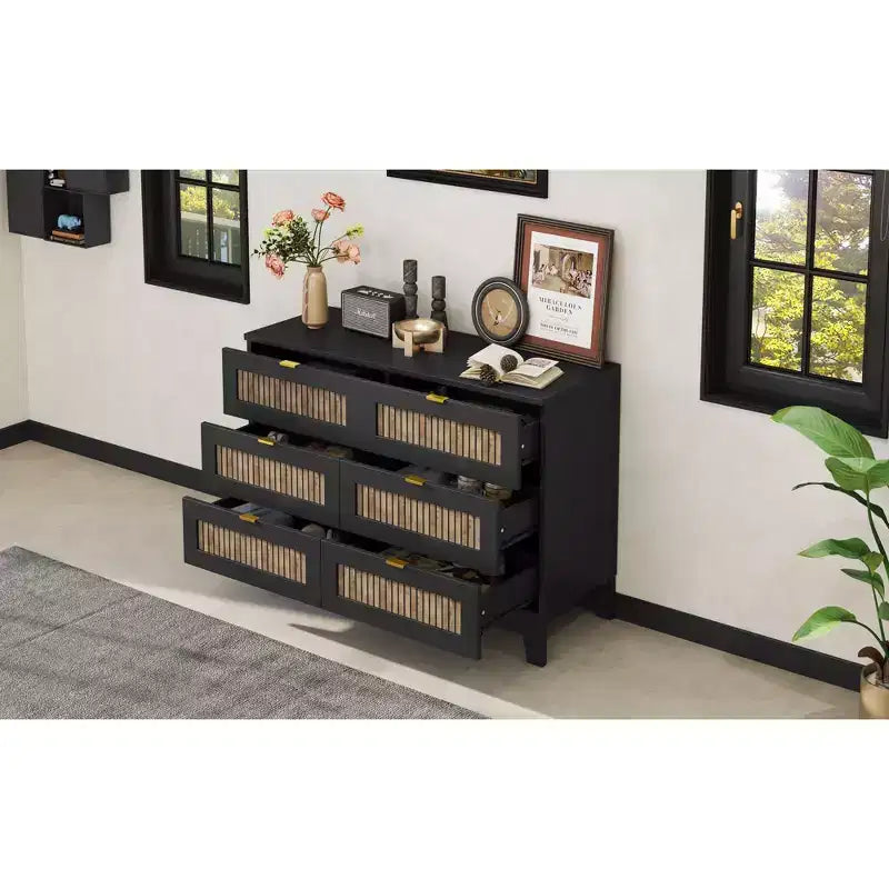 Commode Okak 6 tiroirs style ferme, meuble en bois avec poignées métalliques, rangement de 120 cm de large pour chambre à coucher, montage facile