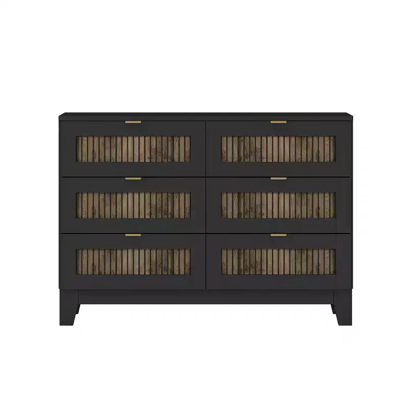 Commode Okak 6 tiroirs style ferme, meuble en bois avec poignées métalliques, rangement de 120 cm de large pour chambre à coucher, montage facile