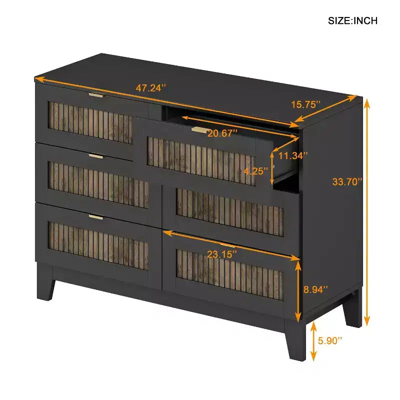 Commode Okak 6 tiroirs style ferme, meuble en bois avec poignées métalliques, rangement de 120 cm de large pour chambre à coucher, montage facile