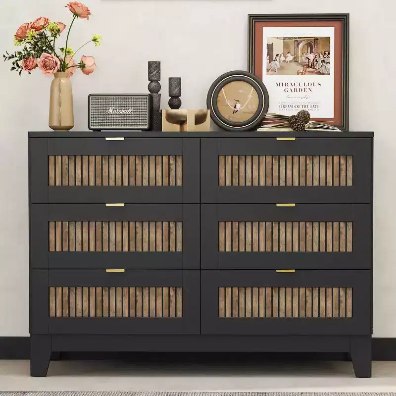 Commode Okak 6 tiroirs style ferme, meuble en bois avec poignées métalliques, rangement de 120 cm de large pour chambre à coucher, montage facile