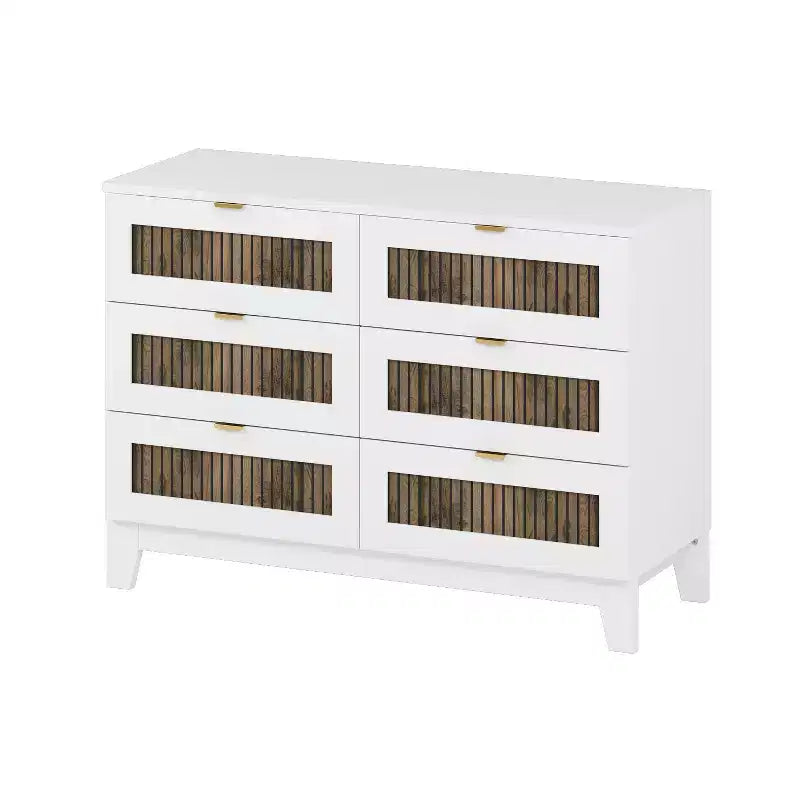 Commode Okak 6 tiroirs style ferme, meuble en bois avec poignées métalliques, rangement de 120 cm de large pour chambre à coucher, montage facile