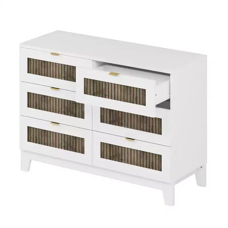 Commode Okak 6 tiroirs style ferme, meuble en bois avec poignées métalliques, rangement de 120 cm de large pour chambre à coucher, montage facile