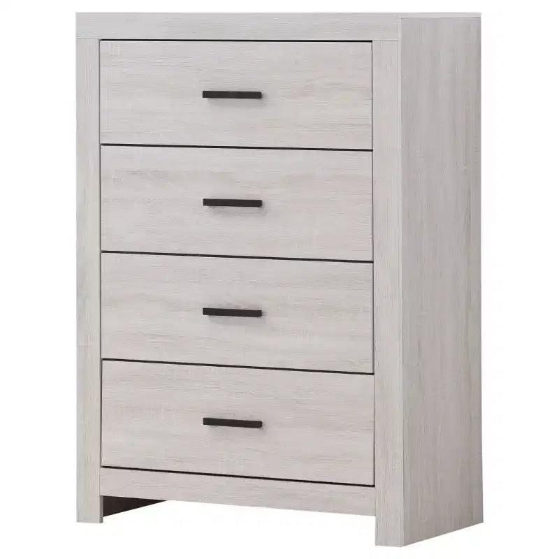 Commode 4 tiroirs Okak, 81 cm de large, style côtier, avec tiroirs à glissement facile, surface optimisée pour la décoration, organisateur de chambre polyvalent