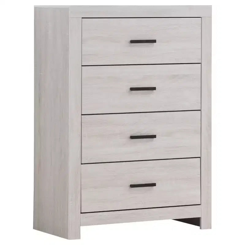 Commode 4 tiroirs Okak, 81 cm de large, style côtier, avec tiroirs à glissement facile, surface optimisée pour la décoration, organisateur de chambre polyvalent