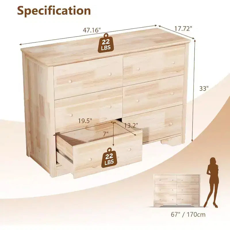 Commode en bois massif VINGLI inachevée pour la personnalisation de couleur, commode 6 tiroirs en bois véritable naturel pour chambre à coucher