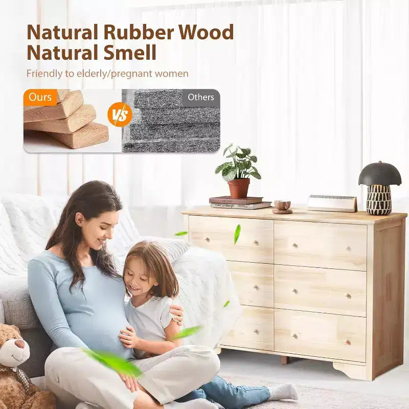 Commode en bois massif VINGLI inachevée pour la personnalisation de couleur, commode 6 tiroirs en bois véritable naturel pour chambre à coucher