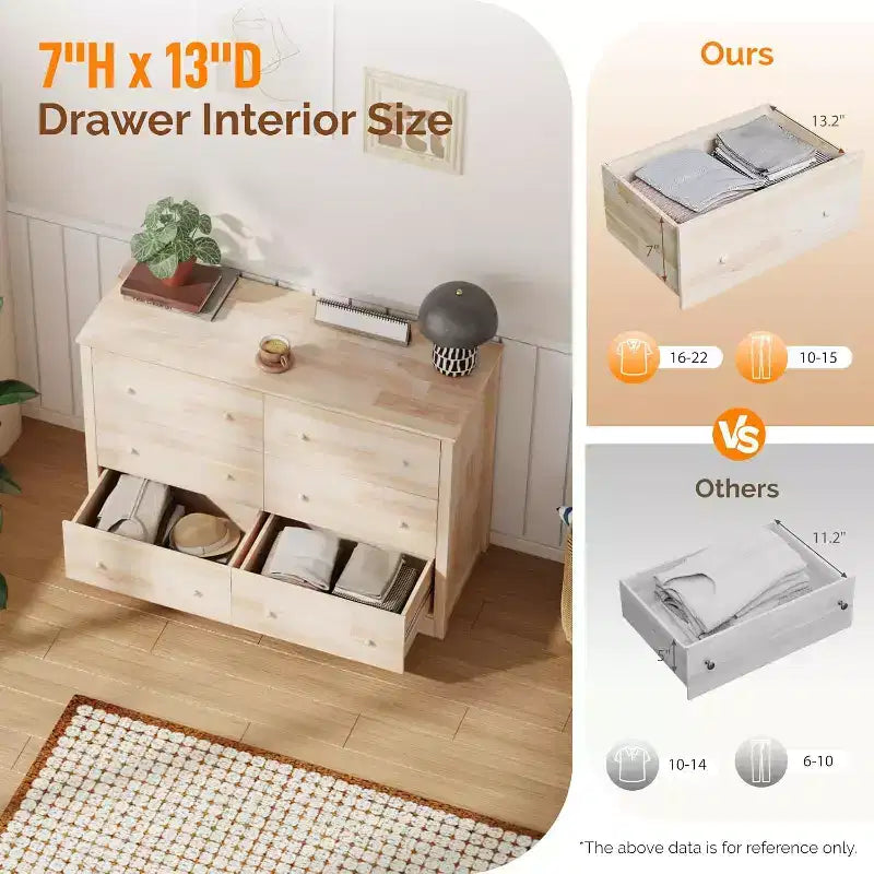 Commode en bois massif VINGLI inachevée pour la personnalisation de couleur, commode 6 tiroirs en bois véritable naturel pour chambre à coucher