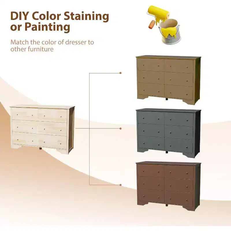 Commode en bois massif VINGLI inachevée pour la personnalisation de couleur, commode 6 tiroirs en bois véritable naturel pour chambre à coucher