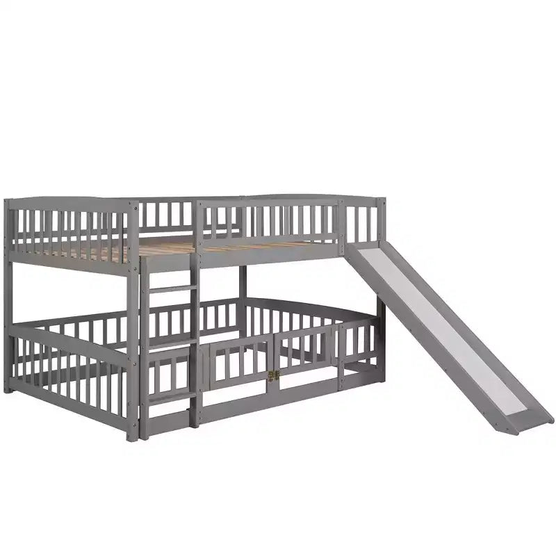 Lit superposé avec toboggan, lits superposés bas double sur double avec barrière et échelle pour tout-petits, enfants et adolescents, blanc
