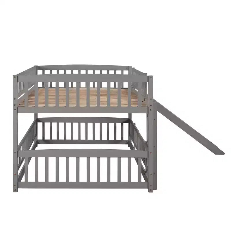Lit superposé avec toboggan, lits superposés bas double sur double avec barrière et échelle pour tout-petits, enfants et adolescents, blanc
