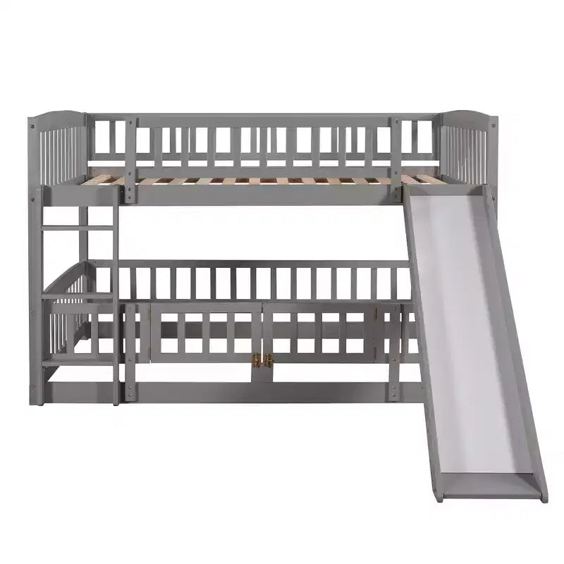 Lit superposé avec toboggan, lits superposés bas double sur double avec barrière et échelle pour tout-petits, enfants et adolescents, blanc