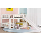 Lit superposé avec toboggan, lits superposés bas double sur double avec barrière et échelle pour tout-petits, enfants et adolescents, blanc