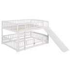 Lit superposé avec toboggan, lits superposés bas double sur double avec barrière et échelle pour tout-petits, enfants et adolescents, blanc