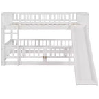 Lit superposé avec toboggan, lits superposés bas double sur double avec barrière et échelle pour tout-petits, enfants et adolescents, blanc