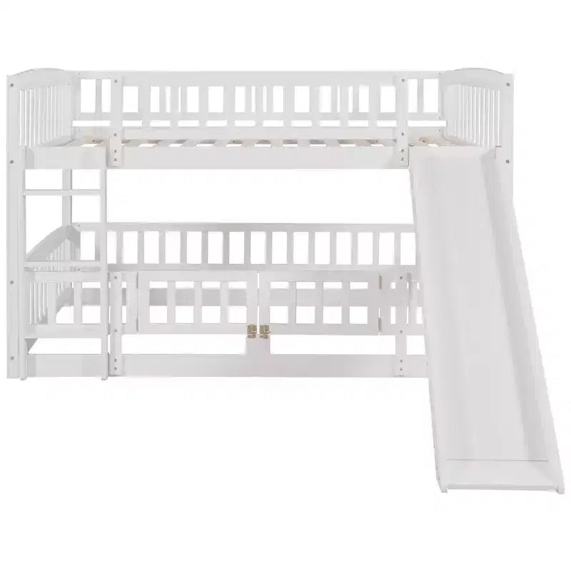 Lit superposé avec toboggan, lits superposés bas double sur double avec barrière et échelle pour tout-petits, enfants et adolescents, blanc