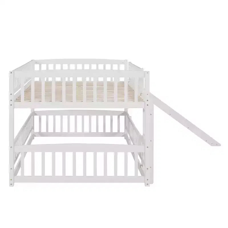 Lit superposé avec toboggan, lits superposés bas double sur double avec barrière et échelle pour tout-petits, enfants et adolescents, blanc