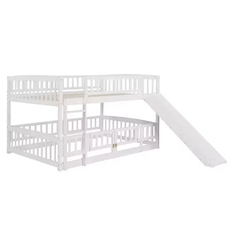 Lit superposé avec toboggan, lits superposés bas double sur double avec barrière et échelle pour tout-petits, enfants et adolescents, blanc