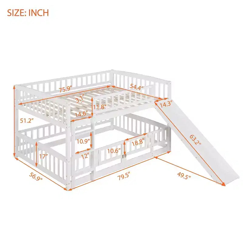 Lit superposé avec toboggan, lits superposés bas double sur double avec barrière et échelle pour tout-petits, enfants et adolescents, blanc