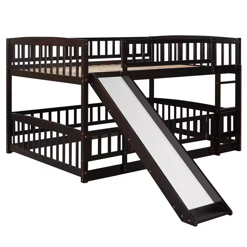 Lit superposé avec toboggan, lits superposés bas double sur double avec barrière et échelle pour tout-petits, enfants et adolescents, blanc