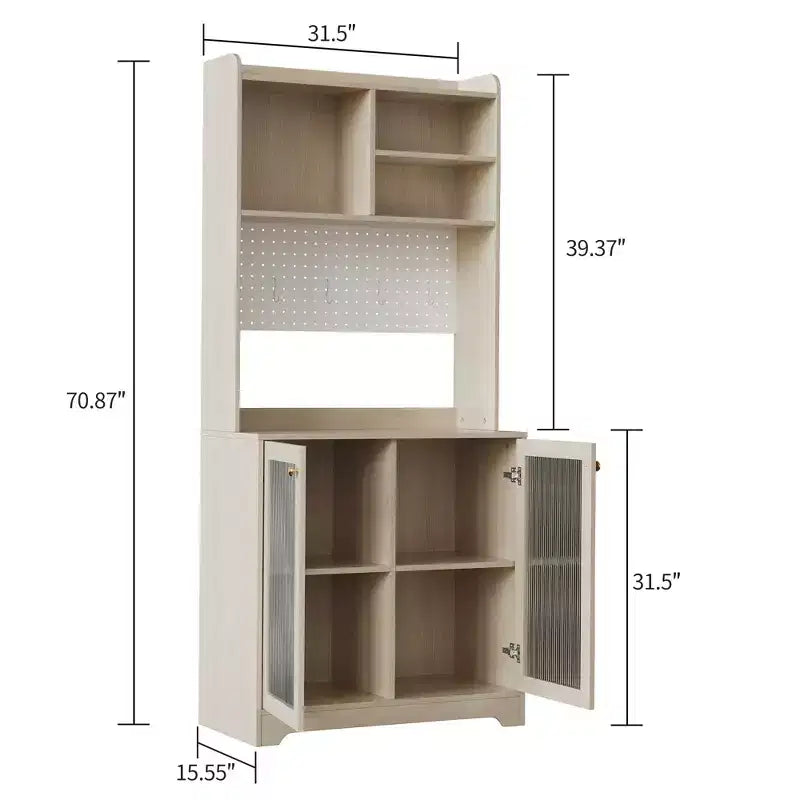 Buffet Vaisselier Haut de 180 cm avec Vitrine - Meuble de Rangement 6 Niveaux avec 2 Portes Vitrées, Panneau Perforé, Étagère à Micro-ondes, Étagères Ouvertes, Meuble Bar à Café