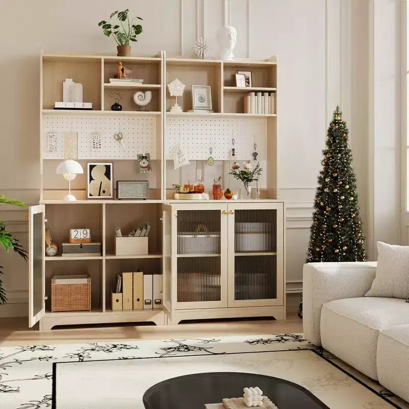 Buffet Vaisselier Haut de 180 cm avec Vitrine - Meuble de Rangement 6 Niveaux avec 2 Portes Vitrées, Panneau Perforé, Étagère à Micro-ondes, Étagères Ouvertes, Meuble Bar à Café