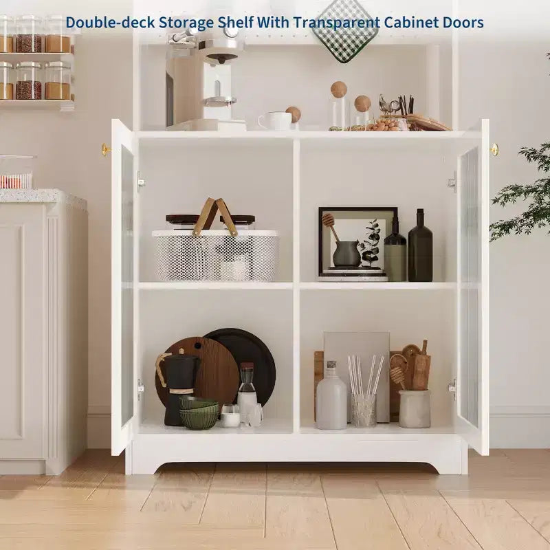 Buffet Vaisselier Haut de 180 cm avec Vitrine - Meuble de Rangement 6 Niveaux avec 2 Portes Vitrées, Panneau Perforé, Étagère à Micro-ondes, Étagères Ouvertes, Meuble Bar à Café