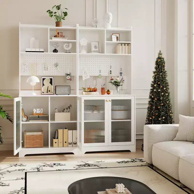 Buffet Vaisselier Haut de 180 cm avec Vitrine - Meuble de Rangement 6 Niveaux avec 2 Portes Vitrées, Panneau Perforé, Étagère à Micro-ondes, Étagères Ouvertes, Meuble Bar à Café