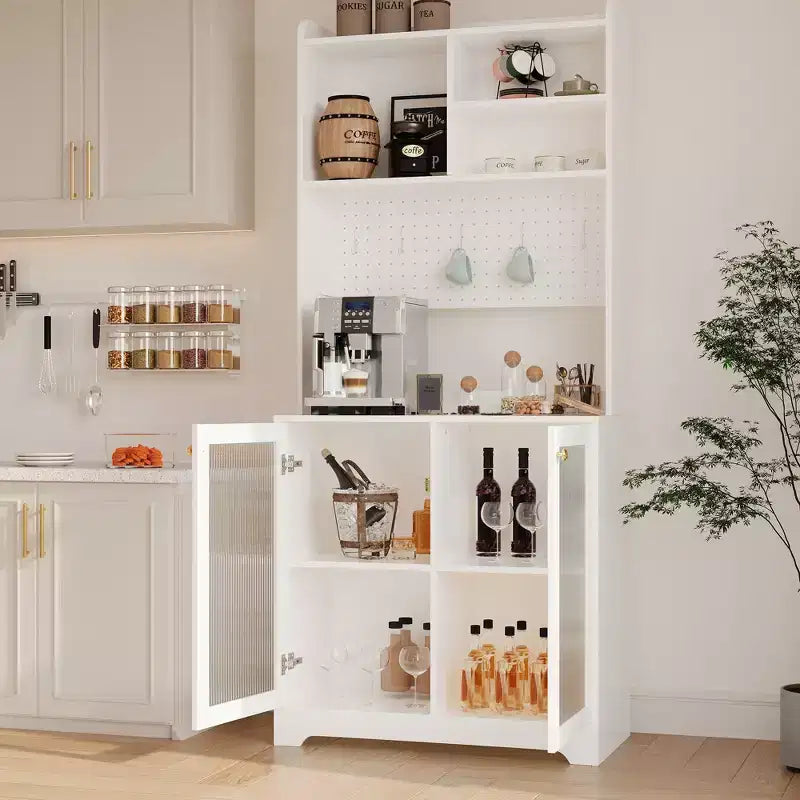 Buffet Vaisselier Haut de 180 cm avec Vitrine - Meuble de Rangement 6 Niveaux avec 2 Portes Vitrées, Panneau Perforé, Étagère à Micro-ondes, Étagères Ouvertes, Meuble Bar à Café