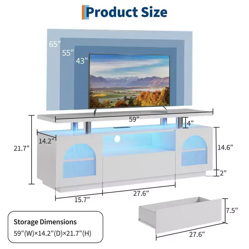 Meuble TV moderne GustoWave pour salon, meuble de divertissement de 59 pouces avec prises de courant et lumières LED, blanc